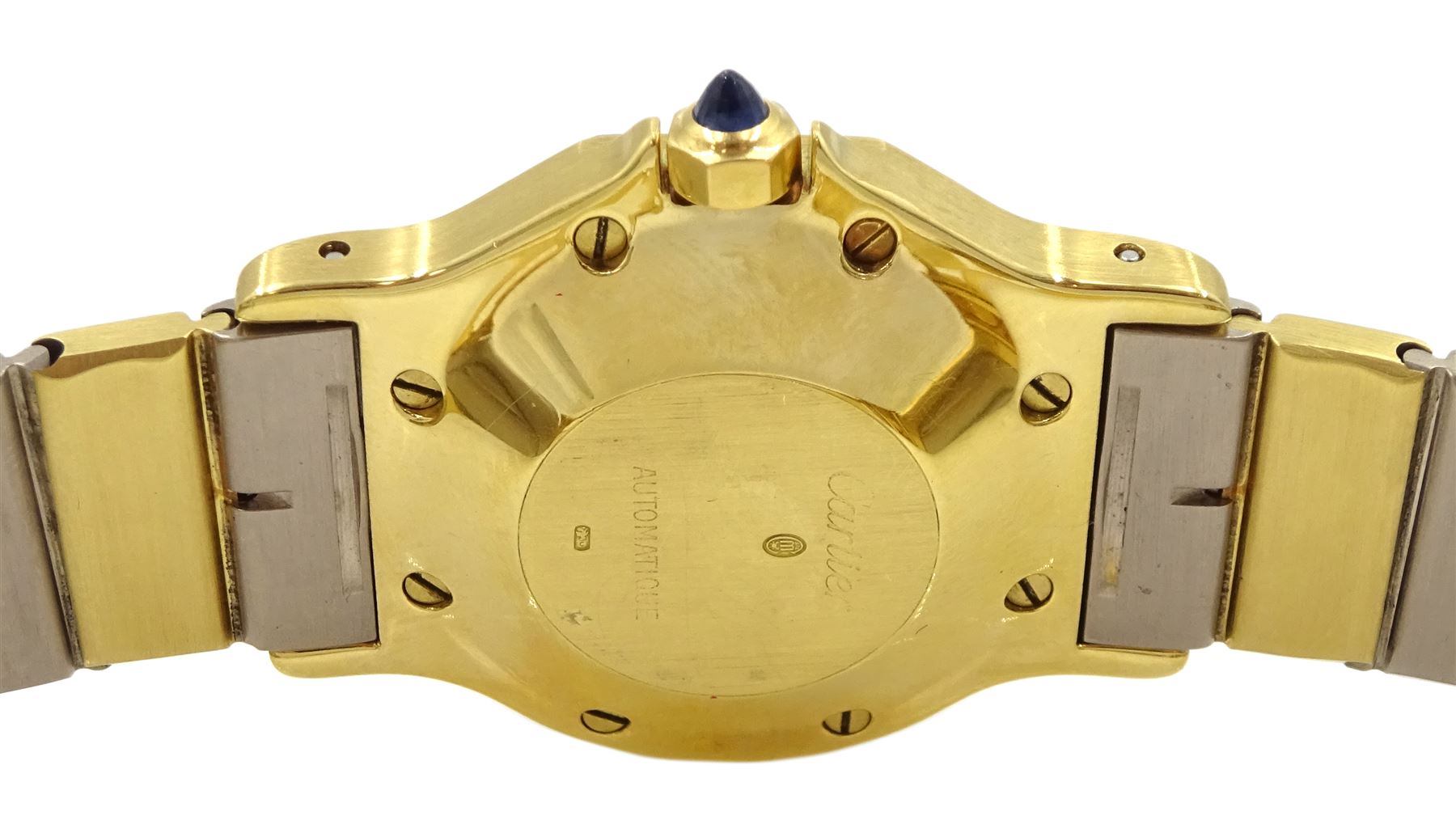 Cartier Santos ladies 18ct white and yellow gold automatic wristwatch, hexagonal case, white dial with date aperture and sapphire crown, on 18ct gold bracelet, hallmarked, with gold-over clasp, with red pouch