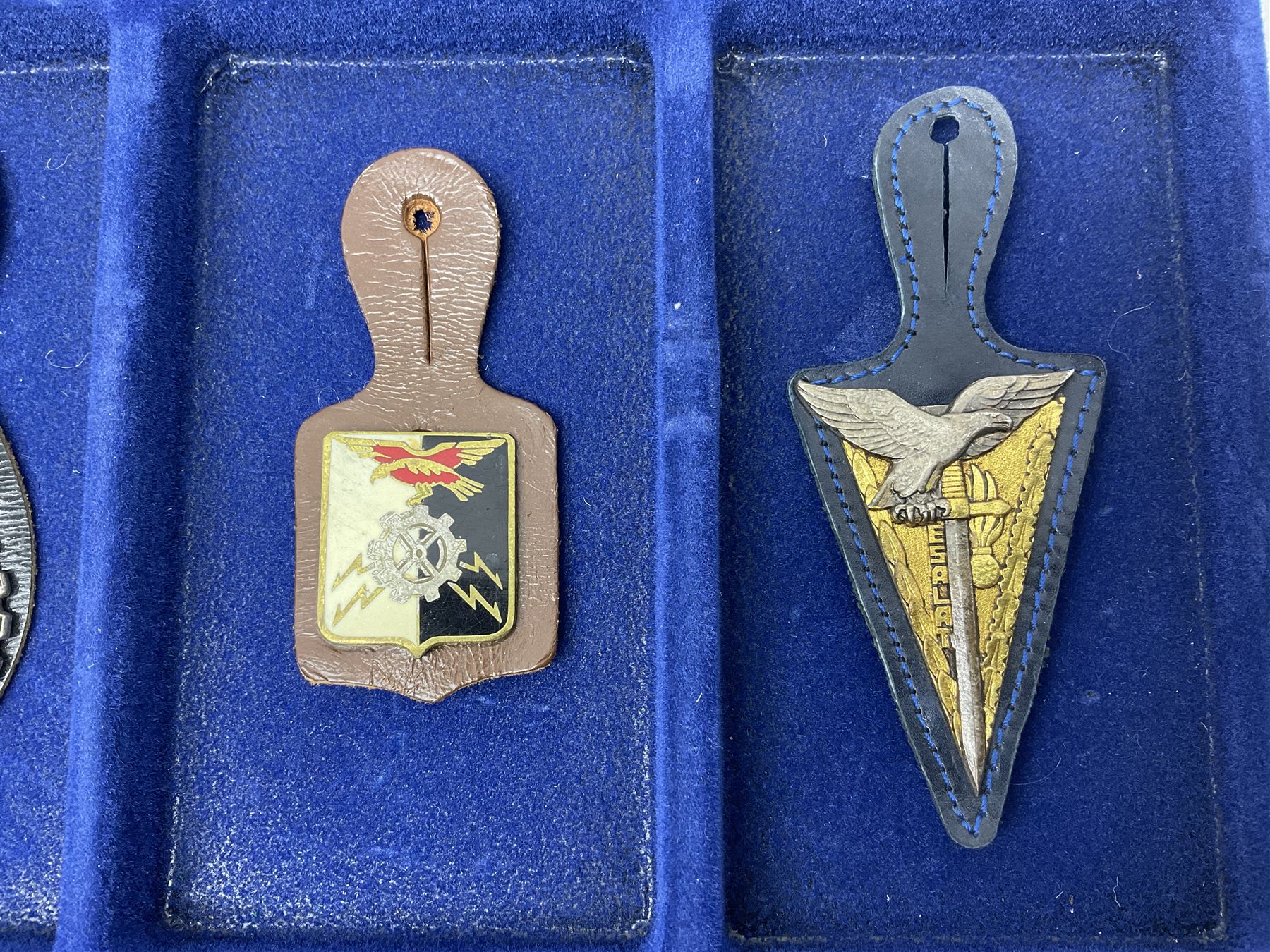 Twelve French military metal badges mounted on leather fobs including Legion, Artillery, Parachutist, Air Force, Infantry etc