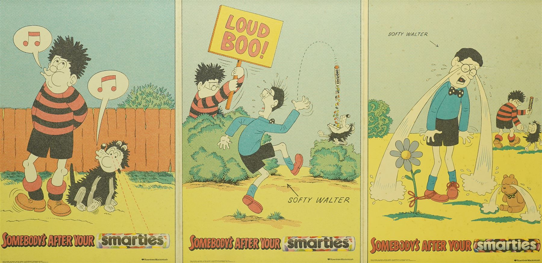 Original Rowntree Mackintosh (Rowntrees) advertising poster for Smarties - 'Somebody's After Your Smarties, colour poster depicting Dennis the Menace from 'The Beano' and Gnasher stealing Softy Walter's Smarties 38cm x 75cm
Provenance: from the personal collection of David Lamb, former advertising manager at Rowntree Mackintosh, York