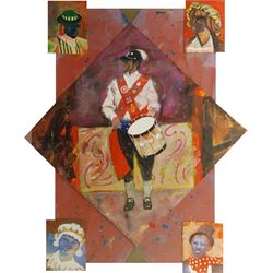 Trevor Hugh Stubley (British 1932-2010): 'Drummers With Mummers', watercolour and acrylic with collage on handmade paper signed and titled verso 99cm x 81cm 
Provenance: with the Bankside Gallery London, label verso
