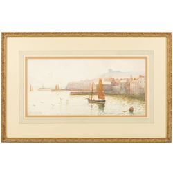 S E Hall (British fl.1910-1930): 'A Grey Day in Scarborough' and 'A Bit of Old Whitby', pair of watercolours signed and titled, in matching frames 20.5cm x 42.4cm (2)