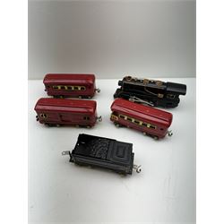 American Flyer O gauge 2-4-4 no. 401 locomotive and tender, red baggage car, coach and observation car, all with original boxes, various track, Smoothflow power unit etc 