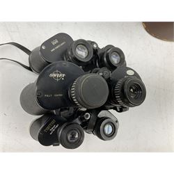Twelve pairs of binoculars to include BWCF 7x35 Extra Wide Angle, Carl Zeiss Jena Delturis 8x24, Carl Zeiss Jena Jenoptem 8x30W, Chinon Countryman 10x50,  Ajax 8x30, Regent 16x50, etc,  some with cases
