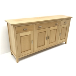 G-Plan oak sideboard, two shot and one long drawer, four cupboards, stile supports, W176cm, H86cm, D42cm
