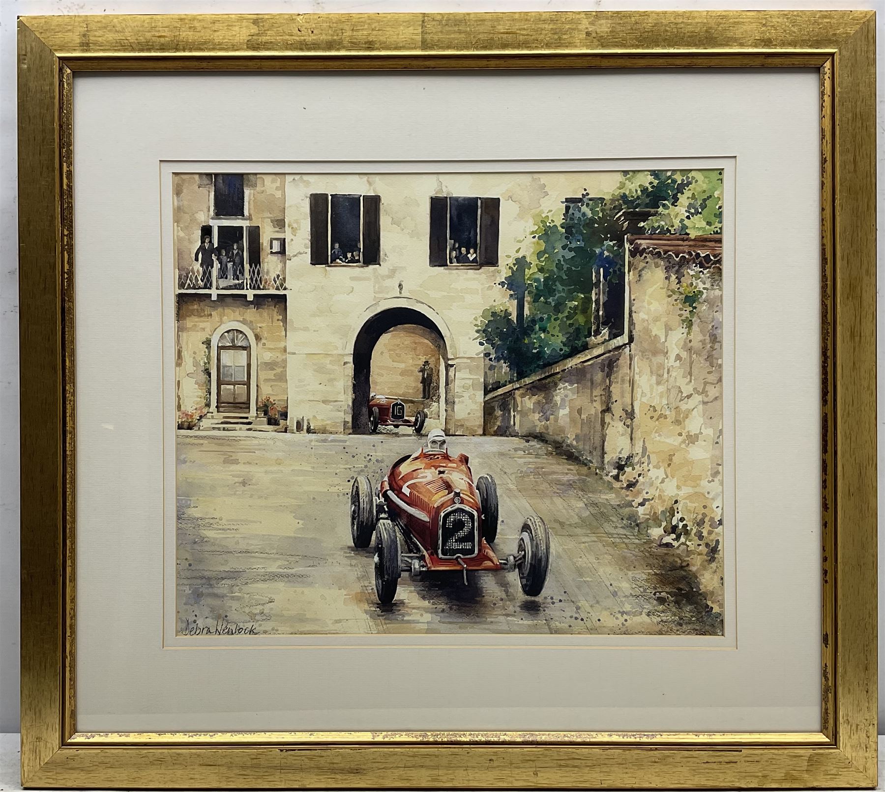 Tony Smith (British 20th century): 'Il Leone - World Champion', limited edition print signed and numbered in pencil 43cm x 69cm; Debra Wenlock (British Contemporary): Racing Scene, watercolour signed 42cm x 50cm (2)