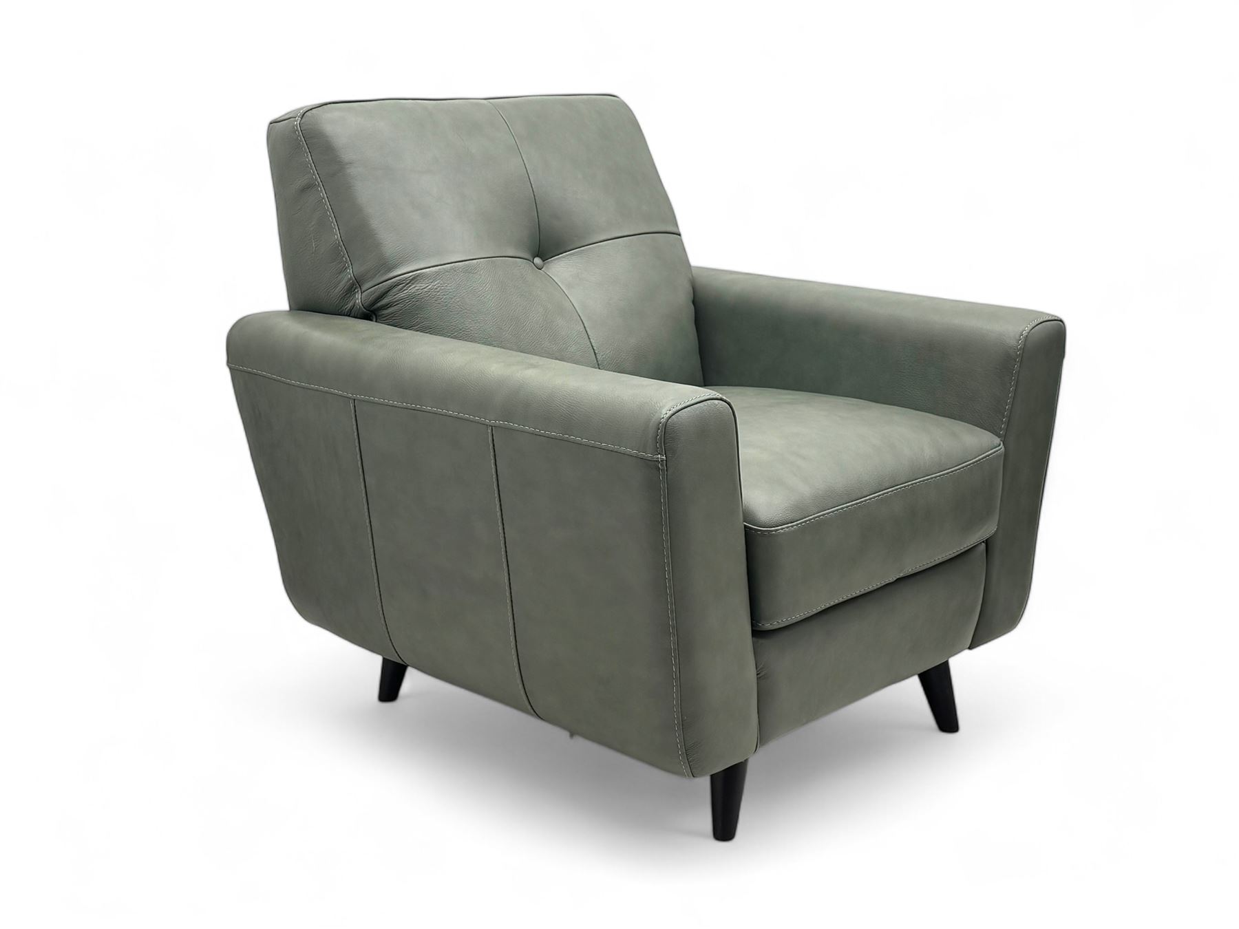 DFS - contemporary 'Camper' two seat sofa, upholstered in French grey leather with button back detailing, on splayed supports (W144cm, D84cm, H76cm); matching armchair (W90cm, D84cm, H76cm)