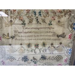 Early George IV silk work sampler, finely worked with religious verse 'Tell me ye knowing and discerning few, Where I may find a friend both firm & True, Who dares stand by me when in deep distress, And then his love and friendship most express', flanked by two doves holding olive branches and putti, beneath a floral and ribbon swag, further detailed with four dancing figures holding a garland, urns of flowers, birds, and insects, monogramed LAC and dated Sept th first 1820, within a flowering vine border, in original ebonised frame, overall H31.5cm W31cm