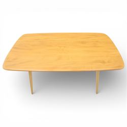 Ercol - elm dining table, rectangular plank top with rounded corners and moulded edge, raised on four tapering beech supports