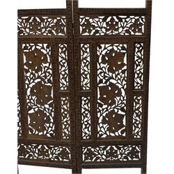 Anglo-Indian heavily carved and pierced three panel folding screen 