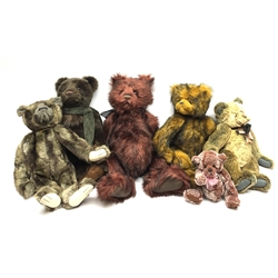A group of six Charlie Bears, comprising two examples designed by Isabelle Lee, Agnes, and Tadam, and four others without name tags. 