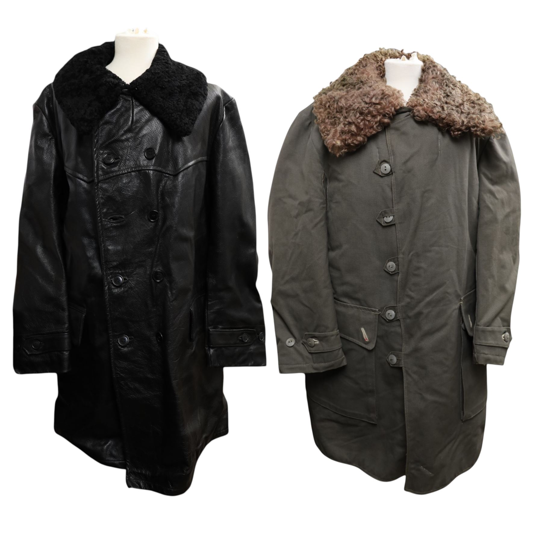 Swedish green army field coat, M1909, with a sheepskin lining and military leather jacket 