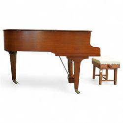 Julius Bluthner-light mahogany overstrung Baby Grand Piano serial No 118183 (1934), with a grand roller action, 88 ivory and ebony keys AO-C7, raised on three square tapered legs with brass castors, adjustable music desk and Lyre with sustain and una-corda pedals, recently (2007) thoroughly restored, case re-finished and polished, action completely overhauled and adjusted with good repetition, frame totally re-strung including copper wound bass strings, new tuning pins, hammer heads, dampers and traditional blue Bluthner string felt, in very good playing condition. With a matching adjustable piano stool fitted with a leather cover. Tuned to concert pitch, A=440.  Complete with key fall lock and key and three castor cups.
This item has been registered for sale under section 10 of the APHA Ivory Act, Reference X76CPCS8