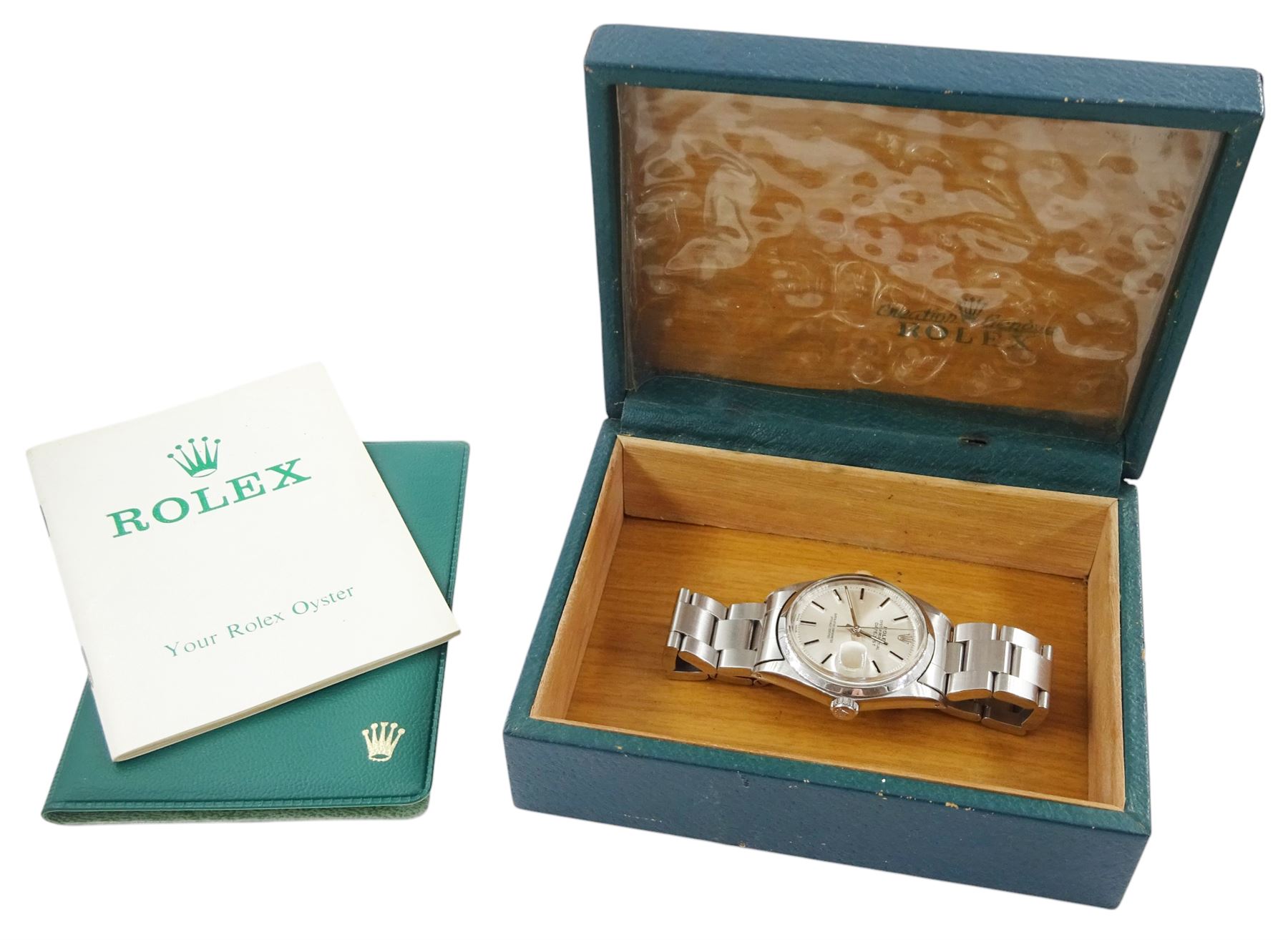 Rolex Oyster Perpetual DateJust gentleman's automatic wristwatch, circa 1970, Ref. 1600, serial No. 2565534, silvered dial with baton hour markers and date aperture, on Rolex Oyster stainless steel bracelet, with fold-over clasp, boxed with papers