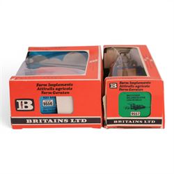 Britains Ltd 1:32 scale farm implements, comprising no. 9556 Hay Baler, no. 9549 Manure Spreader, no. 9553 Disc Harrow, no. 9557 Bale Sledge, no. 9577 Seed Drill, no. 9561 Cultivator Herse, no. 9546 Ploughs and no. 9558 Wheeled Trailer, all boxed
