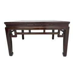 Early 20th century Chinese lacquered hardwood low table, square form with geometric constructed frieze rails