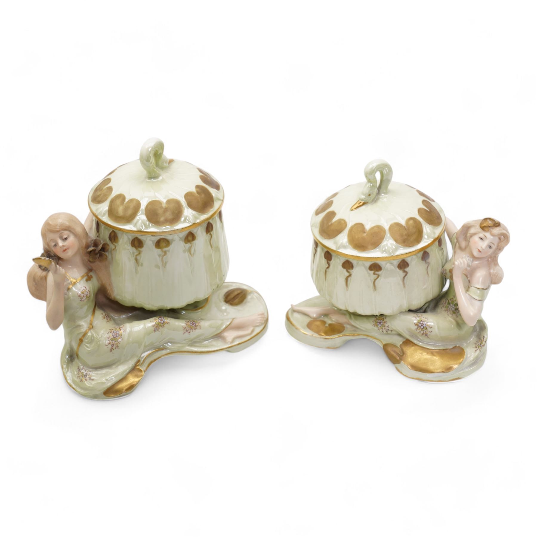 Ernst Wahliss for Turn Wien Austrian Art Nouveau dressing table set, comprising tray, pair of trinket boxes, ring tree and a pair of candle sticks, decorated with maidens and stylised flowers, tray unmarked, tray 42.5cm x 24cm