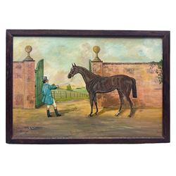 Sybil Burney (British 20th century): Champion Horse outside Country Gates, oil on canvas signed, inscribed 'Stokesley' and dated 1971 verso 49cm x 73cm