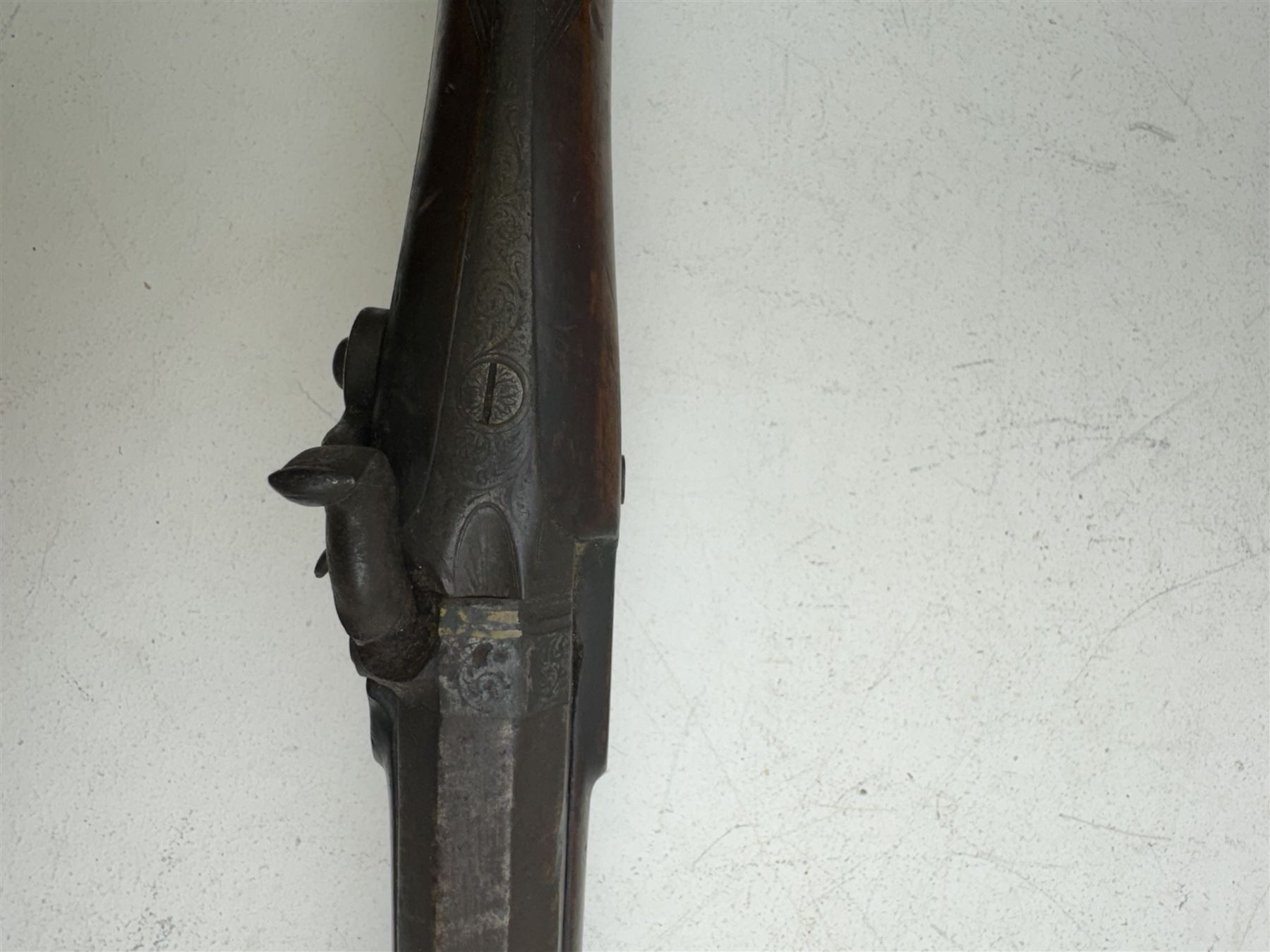 19th century single barrel percussion fire shotgun, muzzle loader, walnut stock with chequered grip and engraved steel fittings, the 84cm (33
