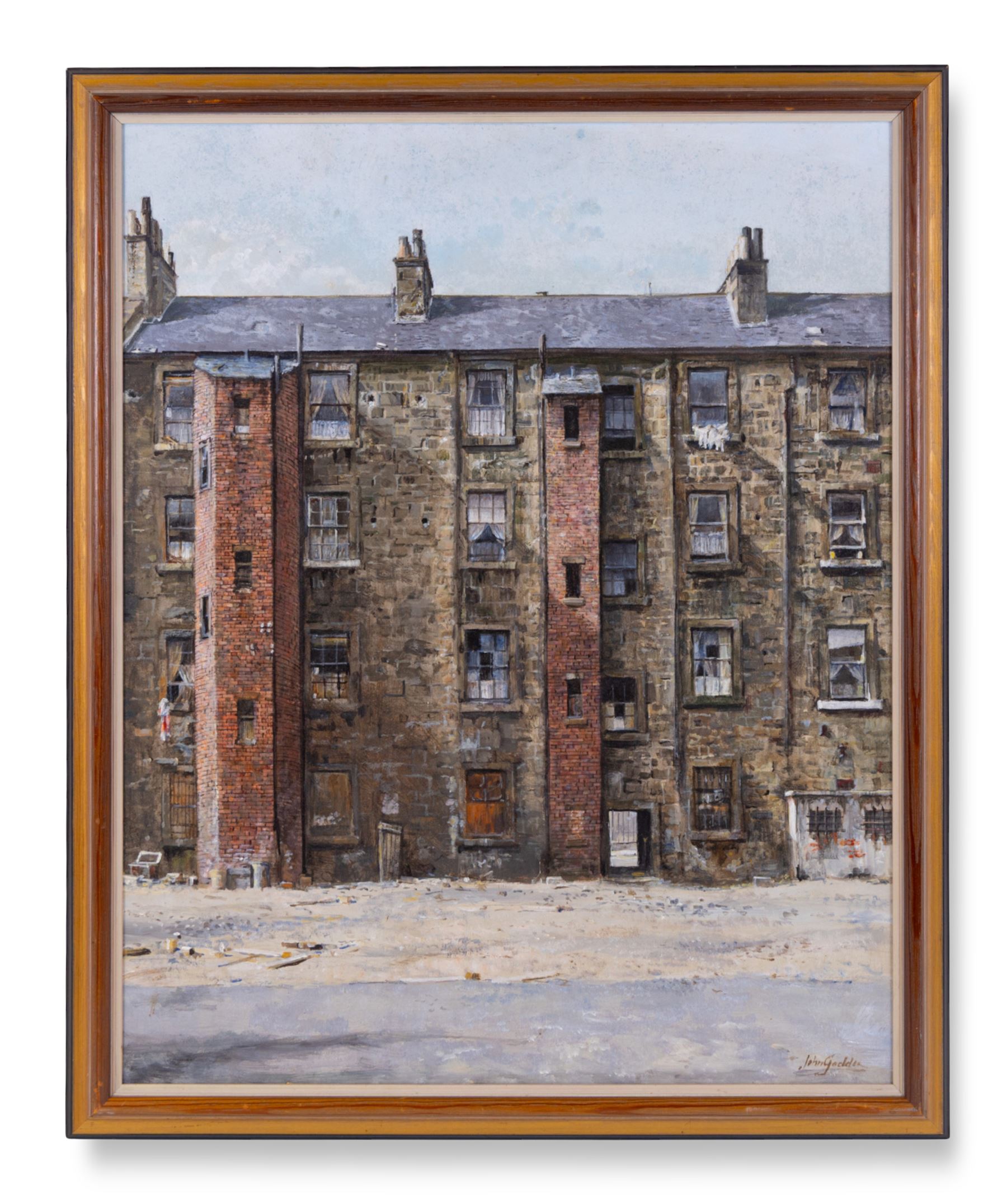 John Seymour Godden (British 1930-1999): 'Gorbals Tenements' Glasgow, oil on board signed, titled verso on artist's studio label 62cm x 50cm