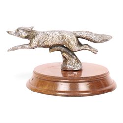Louis Lejeune running fox car mascot mounted on a wooden plinth, H8cm