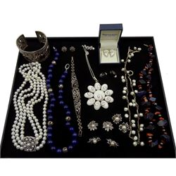 Collection of silver jewellery including shell pedant necklace with matching earrings, pair of jet earrings, elephant bangle, marcasite bracelet with matching earrings, pearl necklace, three pairs of pearl earrings, all stamped 925, lapis lazuli necklace bead and pearl necklaces (13)