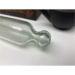 Victorian glass rolling pin, black basalt teapot, mother of pearl box with foliate engraving and sliding lid, and a wooden writing slope, with purple velvet interior, writing slope H14cm