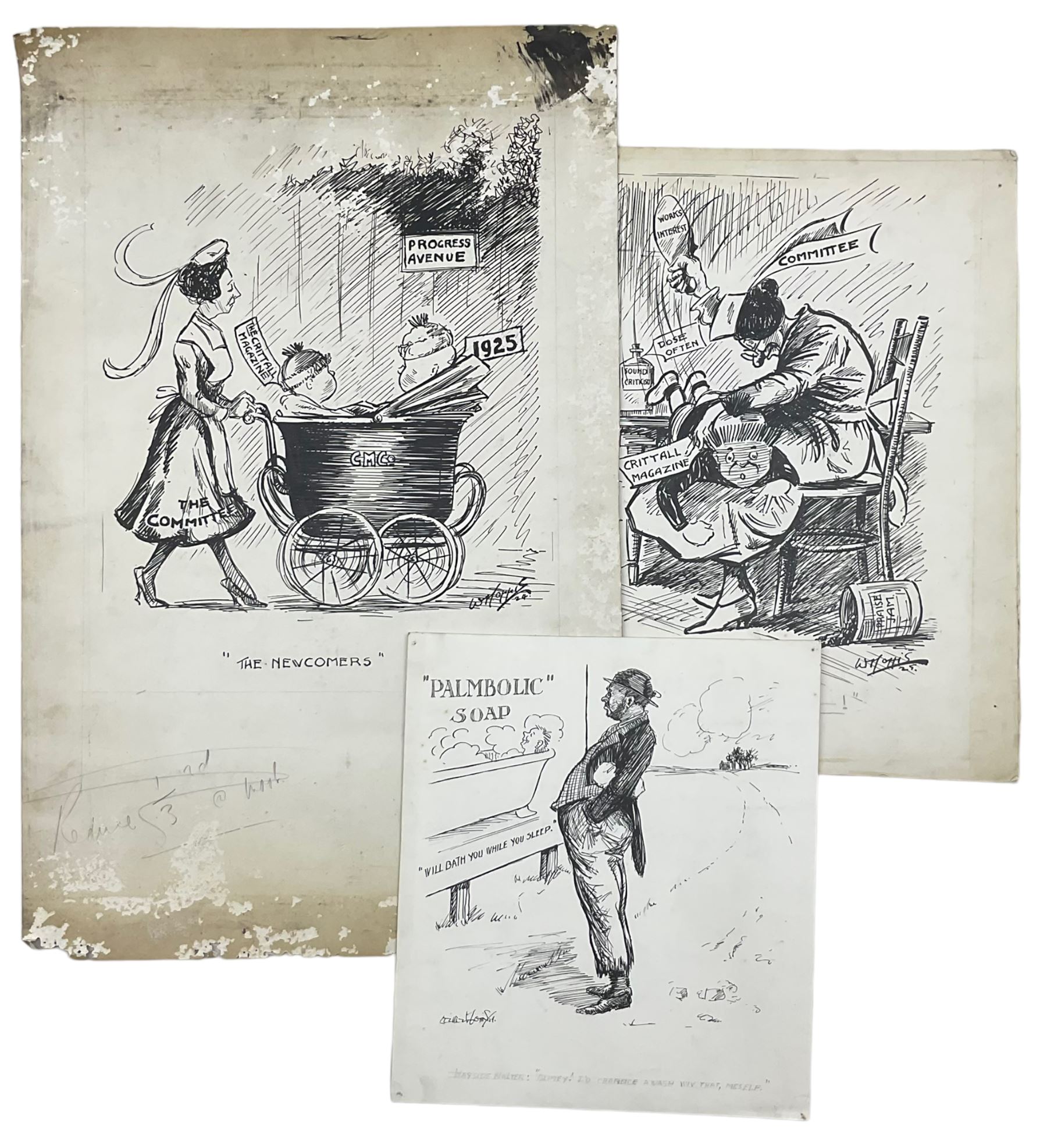 William O Norris (British 19th Century) - Large folio of humorous pen and ink illustrations for Crittall Magazine and other original works to include various advertisement drafts for Eastern National and Marconis Wireless Telegraph Company, mostly dated '25, and a photograph of the artist at work max 36cm x 46cm 