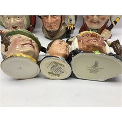 Collection of Royal Doulton and Beswick character jugs of various sizes, including North American Indian D6611, The Falconer D6533,  Tony Weller 281, Sairey Gamp 371 etc