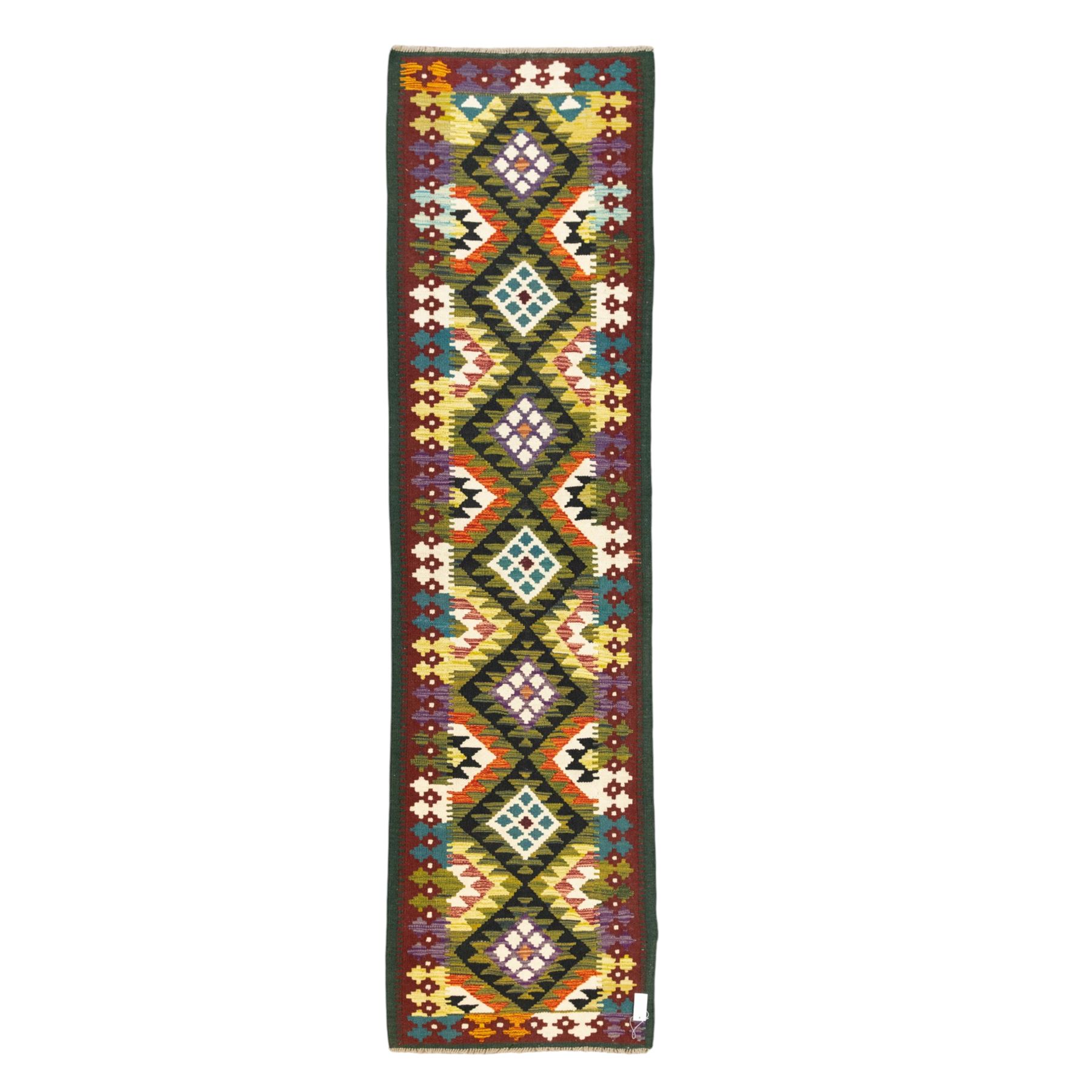 Chobi flatweave kilim runner, repeating diamond medallion design in a vibrant palette of green, red, and teal, ivory and black, within a narrow floral border