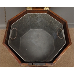  18th century mahogany hexagonal wine cooler, hinged top with tin liner on square moulded supports with brass sockets and castors, W49cm, H71cm,   
