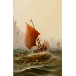William James Smith Crampton (British 1855-1935): Fishing Vessels on Misty Waters, pair oils on board signed, in matching frames 45cm x 30cm (2)