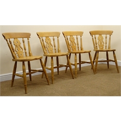  Set four beech farmhouse chairs, shaped cresting rail, pierced splat, turned supports, W39cm  