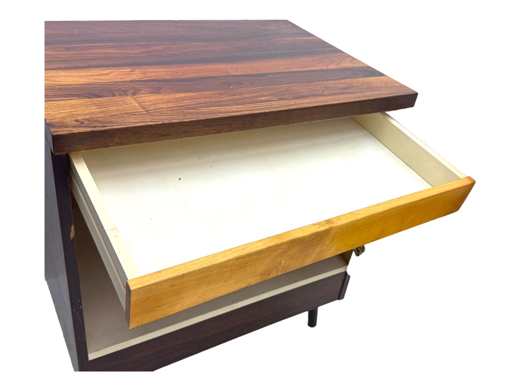 Troeds of Sweden - mid-20th century rosewood veneered cupboard, single door with brass handle enclosing interior fitted with one drawer, raised on ebonised tapered and splayed supports