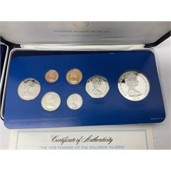 Four British Virgin Islands proof coin sets, comprising First Coinage of the British Virgin Islands 1973 proof six coin set, containing silver one dollar coin, 1977 and 1979 proof sets, containing high denomination silver coins, and The Royal Coronation Jubilee 1977 six coin silver proof set, each minted at the Franklin Mint, all cased with certificates, and a Solomon Islands 1978 proof seven coin set, containing silver five dollar coin, minted at the Franklin Mint, cased with certificate (5)