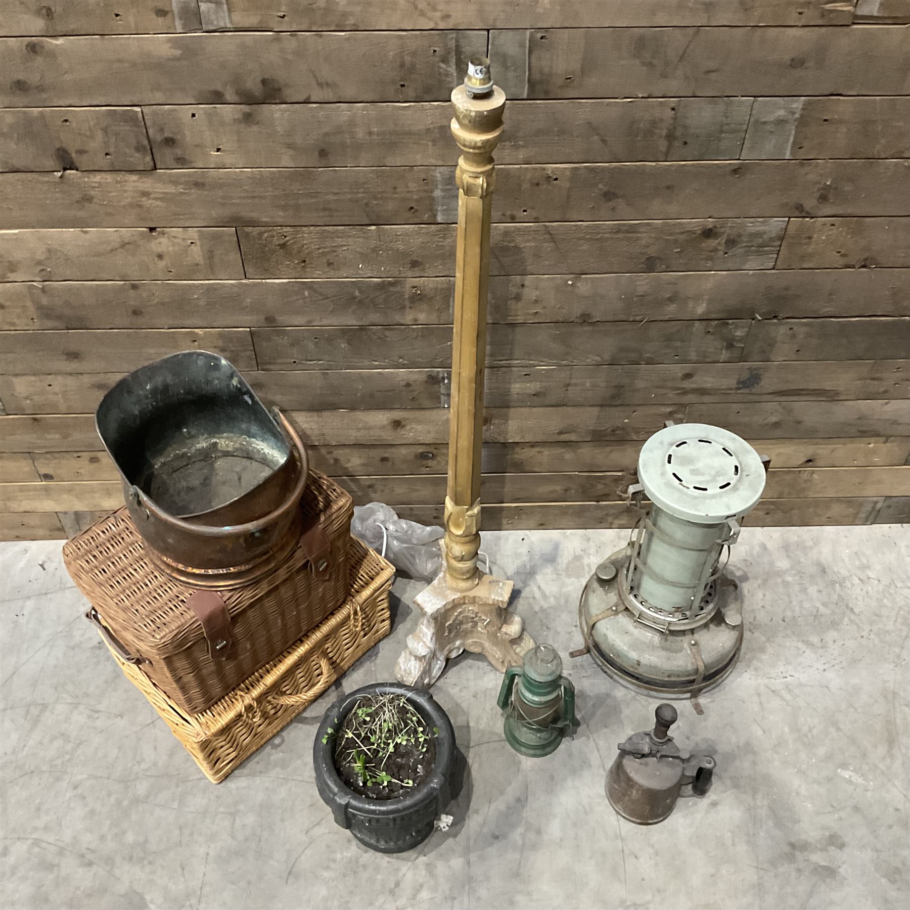 Aladdin paraffin lamp, lamp and burner, coal scuttle, painted standard lamp, stone mortar planter and two wicker baskets