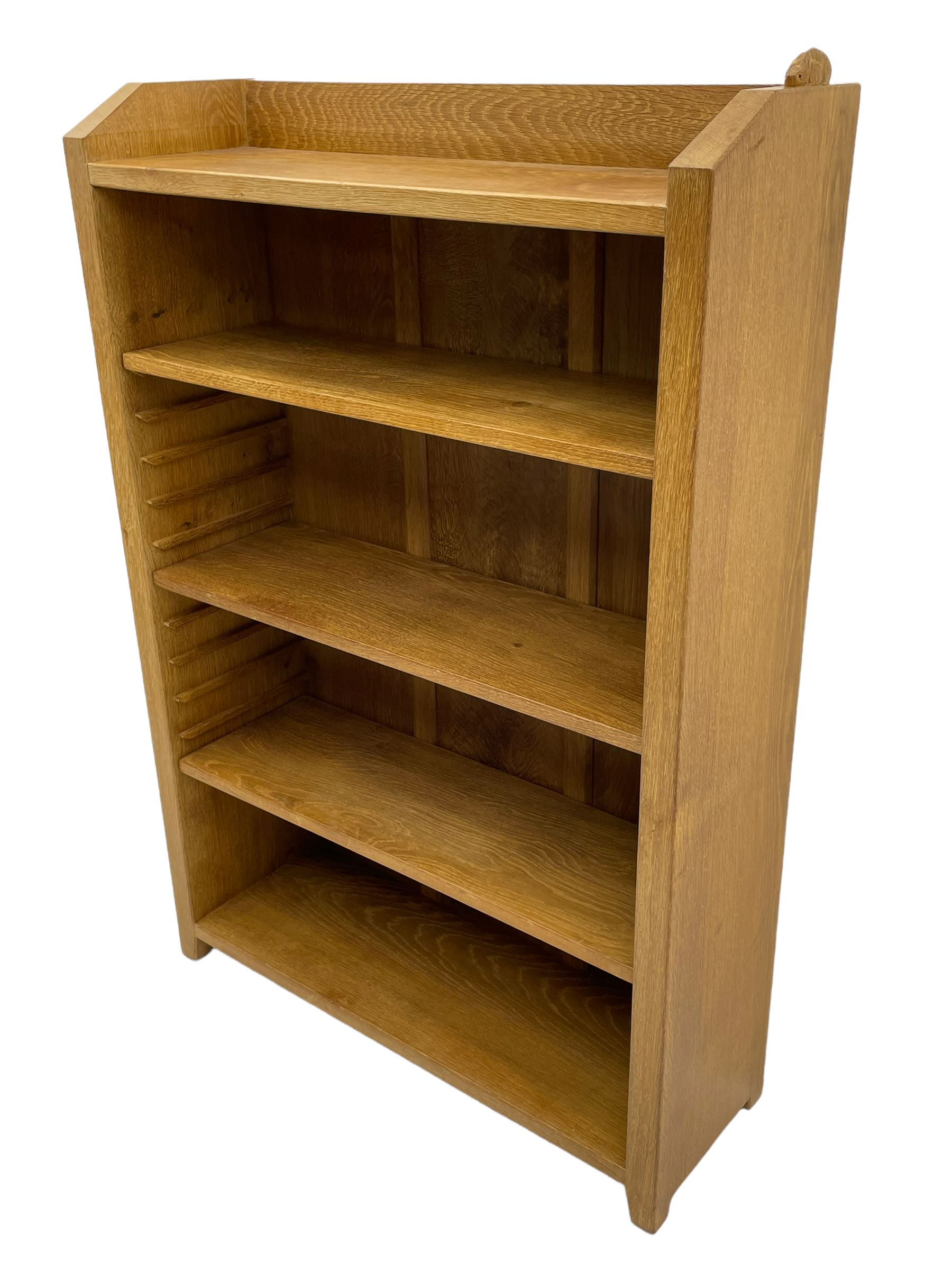 'Rabbitman' oak bookcase, fitted with three adjustable shelves, the top carved with rabbit signature, by Peter Heap of Wetwang