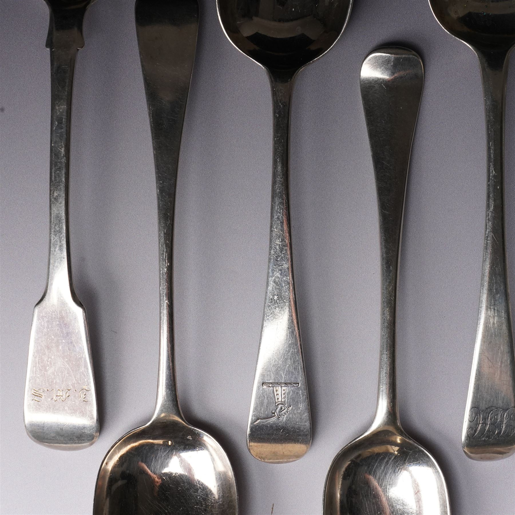 Pair of George III silver table spoons with engraved decoration London 1809 Maker Hester Bateman and eight other 19th century silver table spoons, various dates and makers (10) 
