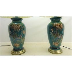  Pair Oriental style table lamps decorated with birds amongst foliage on turquoise ground on brushed brass base with shades, as new, H40cm  