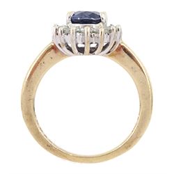 9ct gold oval cut sapphire and round brilliant cut diamond cluster ring, hallmarked