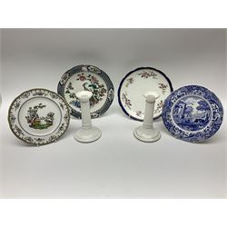 Royal Crown Derby Brocade pattern jug and sugar bowl, together with a similar gilt floral pattern bowl, three graduating Staffordshire style pearlware cottage jugs, Leeds Pottery model cottage and other ceramics and glassware, etc