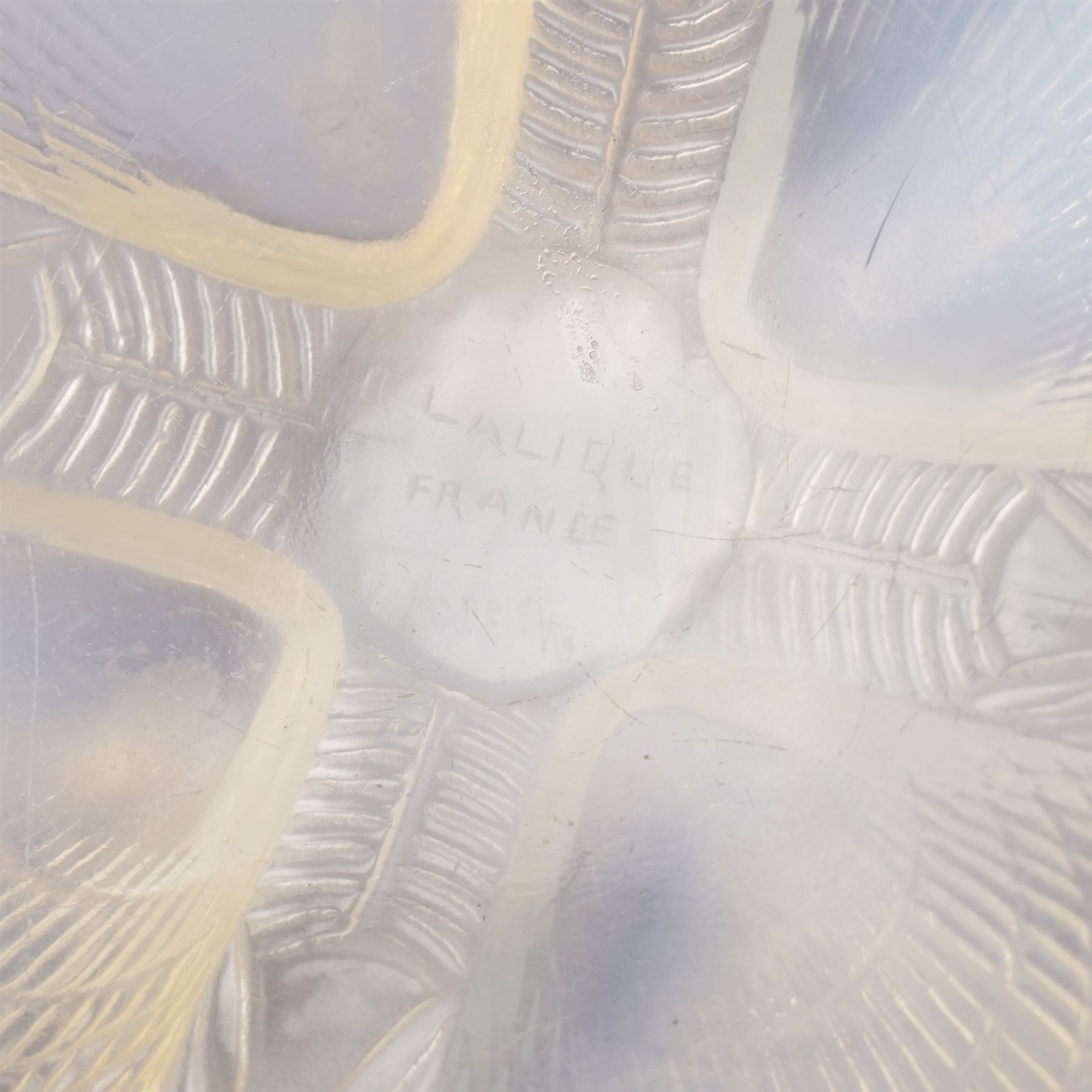 Lalique 'Coquilles' pattern opalescent glass bowl with moulded shells marked R Lalique France D21cm