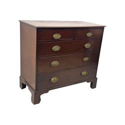 George III mahogany chest, rectangular top with moulded edge over two short and three long graduated cockbeaded drawers, each fitted with brass oval handles, on bracket feet