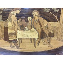 Late 19th/early 20th century mahogany and marquetry inlaid tray, of oval form with twin scrolled handles and moulded border, the central panel inlaid with figures seated at a table drinking tea, L99cm