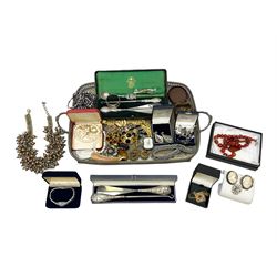 Collection of silver jewellery including abalone shell pendant earrings, brooches and earrings, two pair of silver handled shoe horn and button hooks, silver napkin ring, souvenir spoon, the bowl formed from a Portugese four hundred reis coin, and a collection of Vintage and later costume jewellery including agate bead necklace and pearl necklace and bracelet, on silver-plated tray