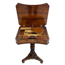 Victorian mahogany work or sewing table, canted rectangular form with reverse bow front, the figured hinged lid enclosing well fitted interior with turned bone handles, with mother of pearl escutcheon, on turned and acanthus baluster carved column, the triangular platform base terminating at scrolled splayed feet