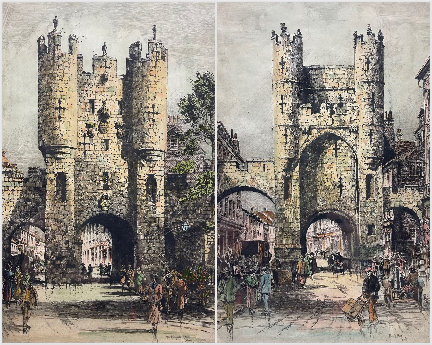 Albany Howarth (British 1872 - 1936): 'Micklegate Bar' and 'Monk Bar' York, pair hand-coloured etchings, one signed in pencil 40cm x 25cm (2)