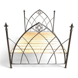 Gothic design wrought iron double bed, with silvered hammered finish, metal frame with large wooden slats