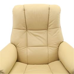 Ekornes Stressless - beech framed reclining swivel armchair with matching footstool, on U-shaped supports with circular bases, upholstered in beige leather