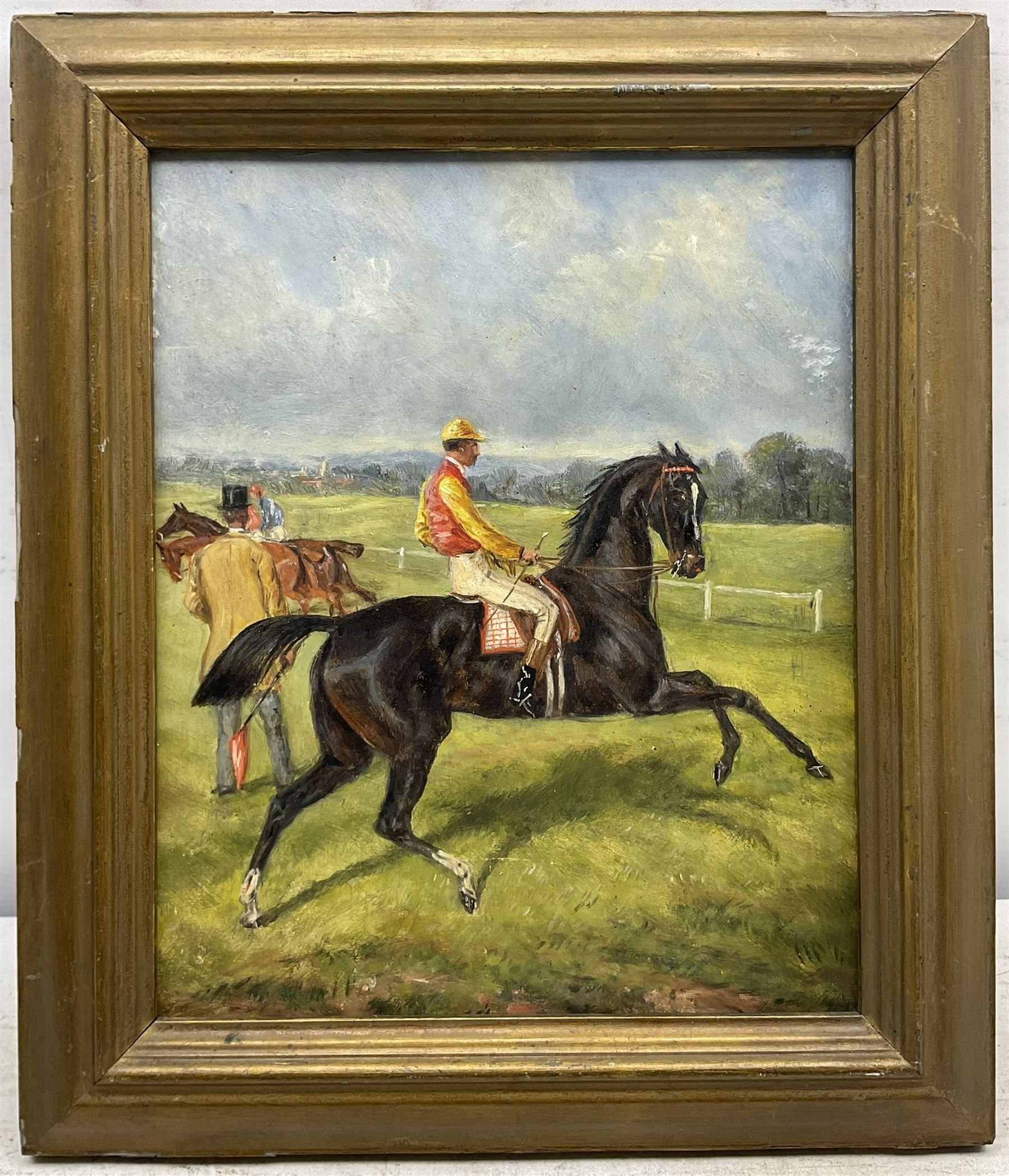 English School (19th/20th century): 'Left at the Post', oil on board, indistinctly signed and titled verso 27cm x 22cm