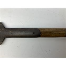 Estwing Black Eagle style double bit throwing axe with leather grip, virtually mint with labels present, plastic blade protectors and nylon sheath L43cm; another smaller Estwing axe stamped 24A to the pommel, with leather grip and sheath; and a vintage short handled hedge knife, the blade stamped IH (?) No.2 (3)